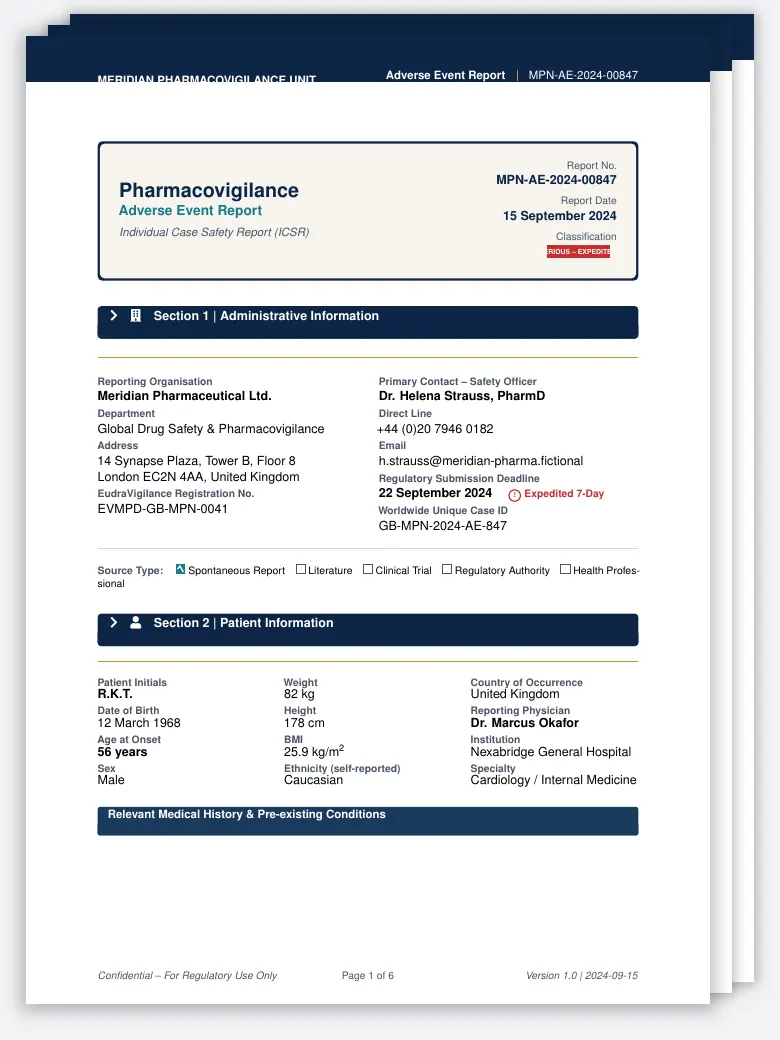 Pharmacovigilance Adverse Event Report LaTeX template, first page preview