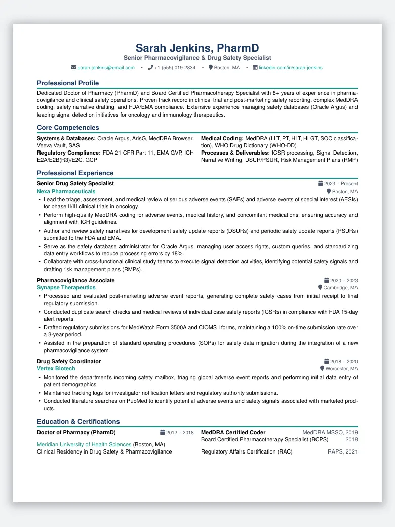 Pharmacovigilance Specialist Resume preview