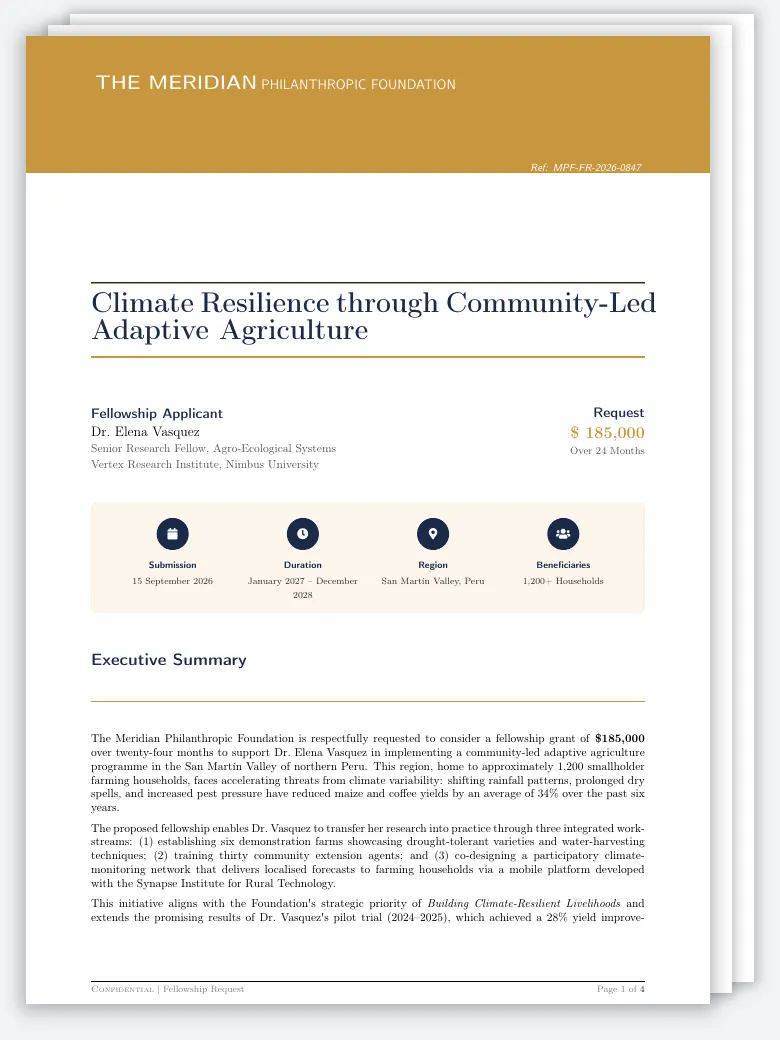 Philanthropic Foundation Fellowship Request LaTeX template, first page preview