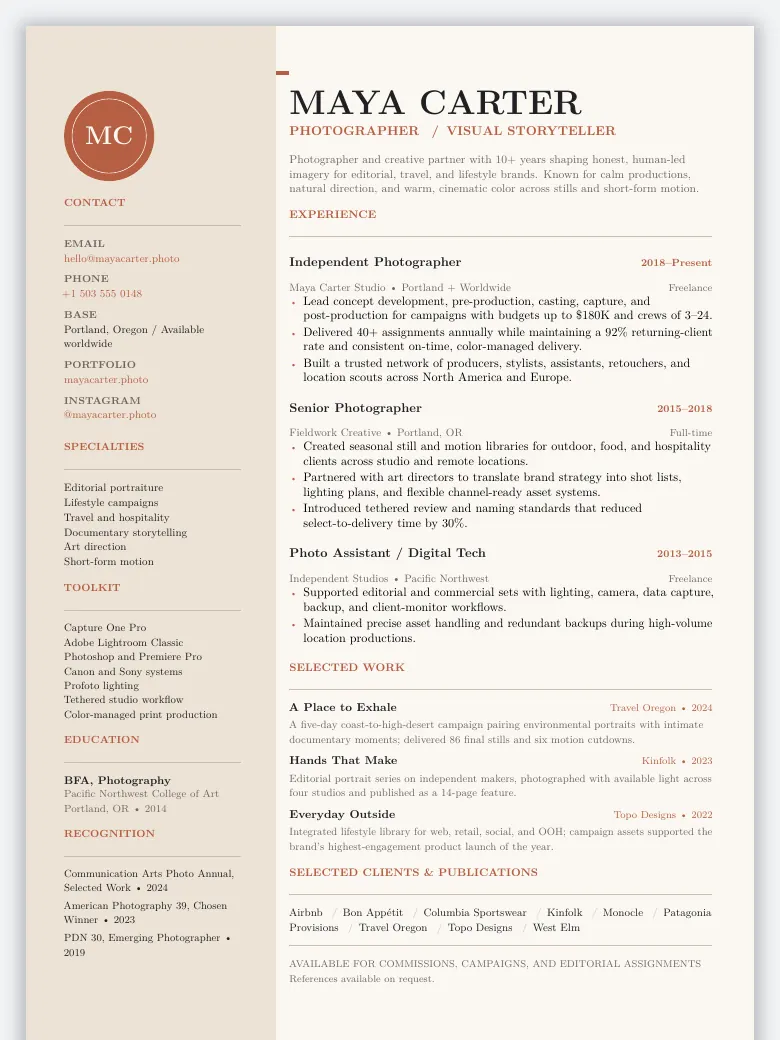 Photographer Portfolio Resume preview