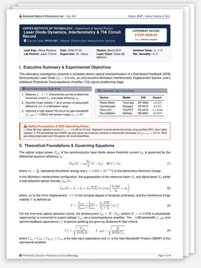 Physics Optics & Electronics Experiment Record LaTeX template, first page preview