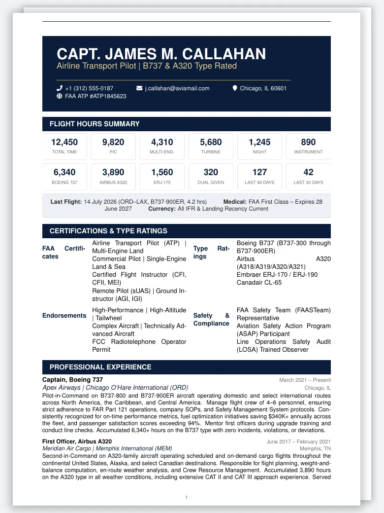 Pilot / Aviation Resume preview
