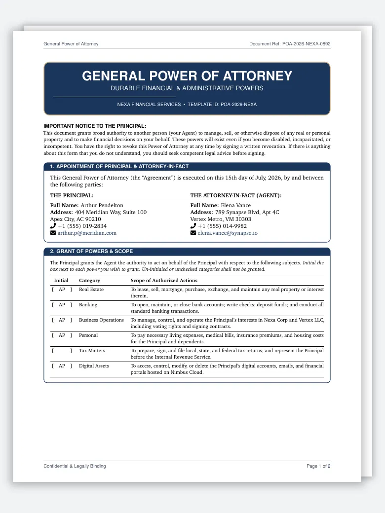 Power of Attorney Form LaTeX template, first page preview