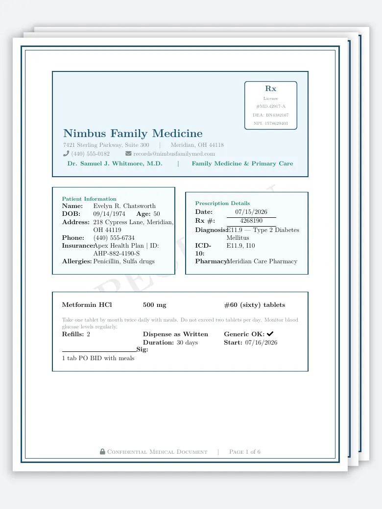 Prescription Pad LaTeX template, first page preview