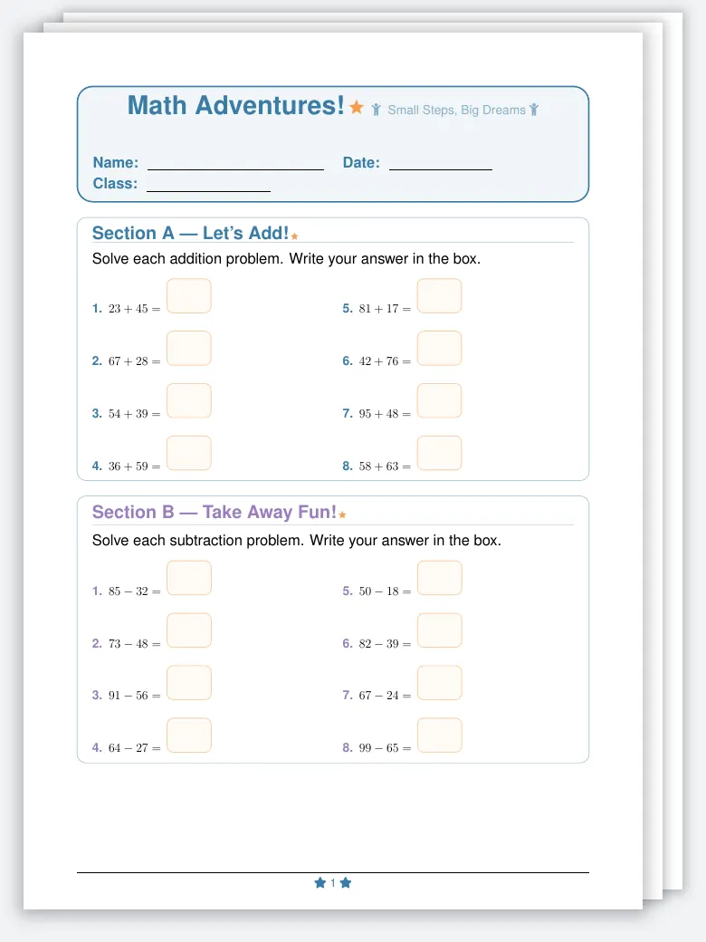 Primary School Worksheet LaTeX template, first page preview