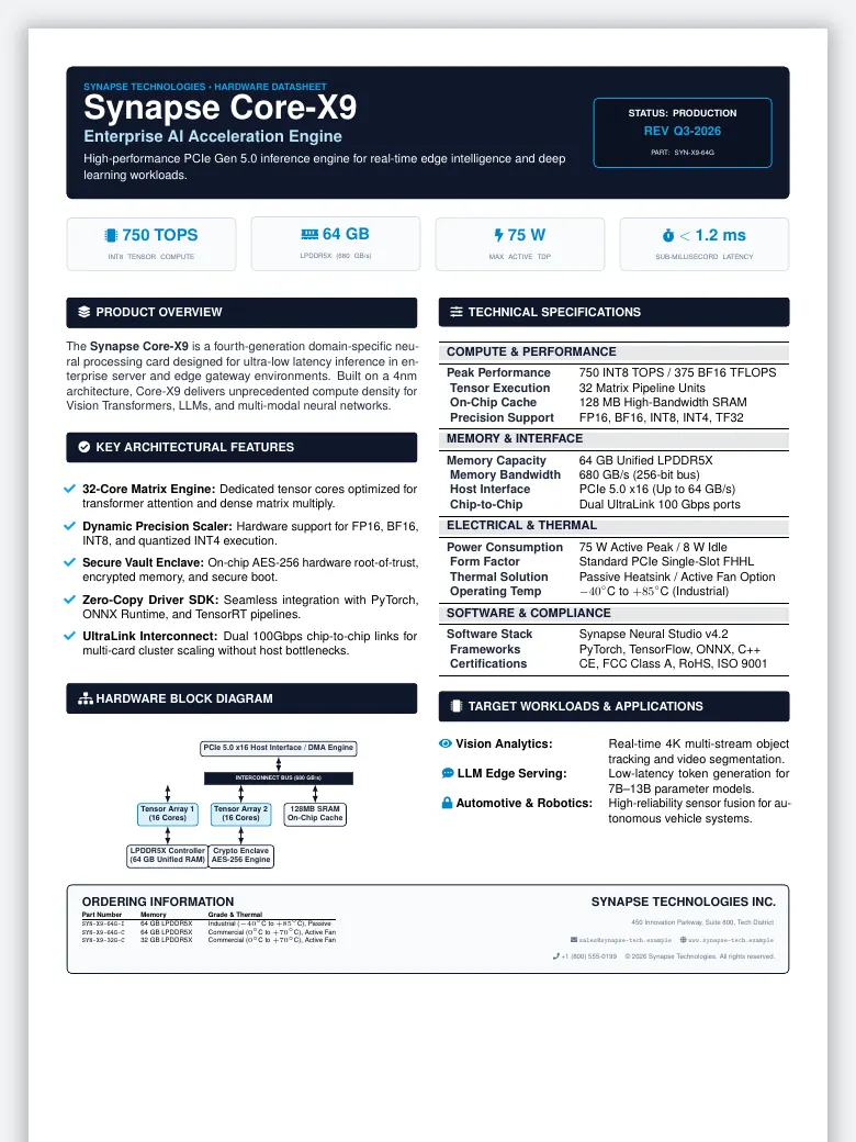 Product Datasheet One-Pager LaTeX template, first page preview