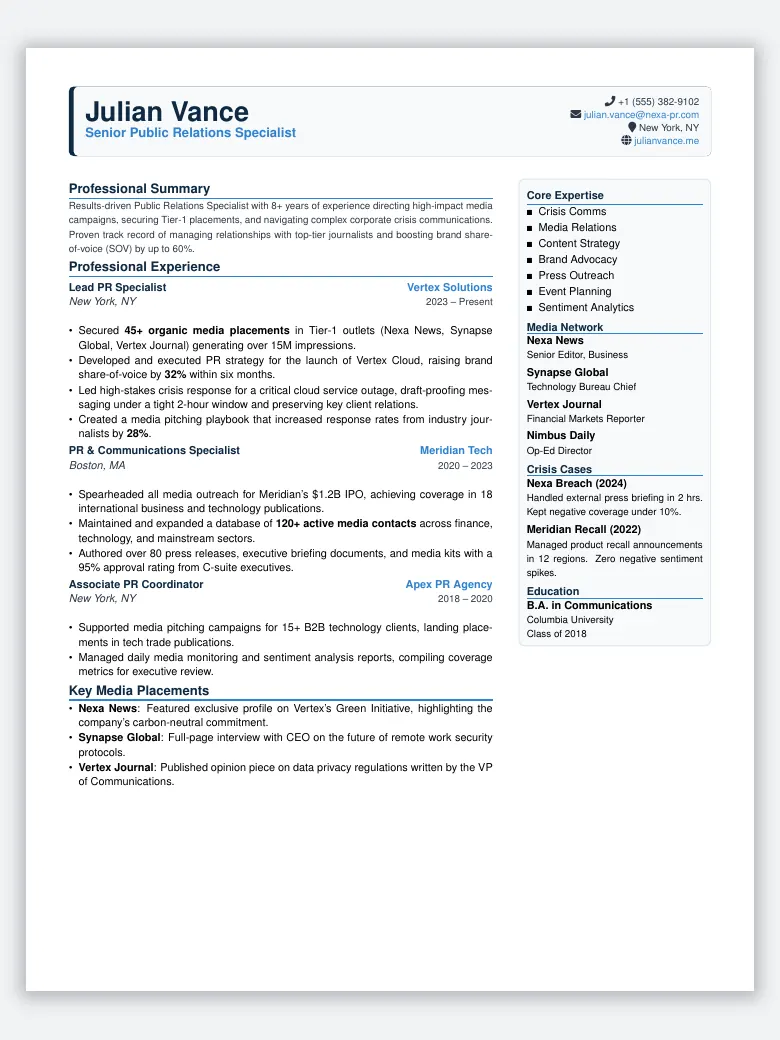 Public Relations (PR) Specialist Resume preview