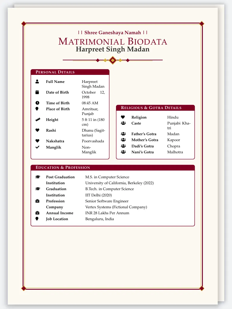 Punjabi Marriage Biodata preview