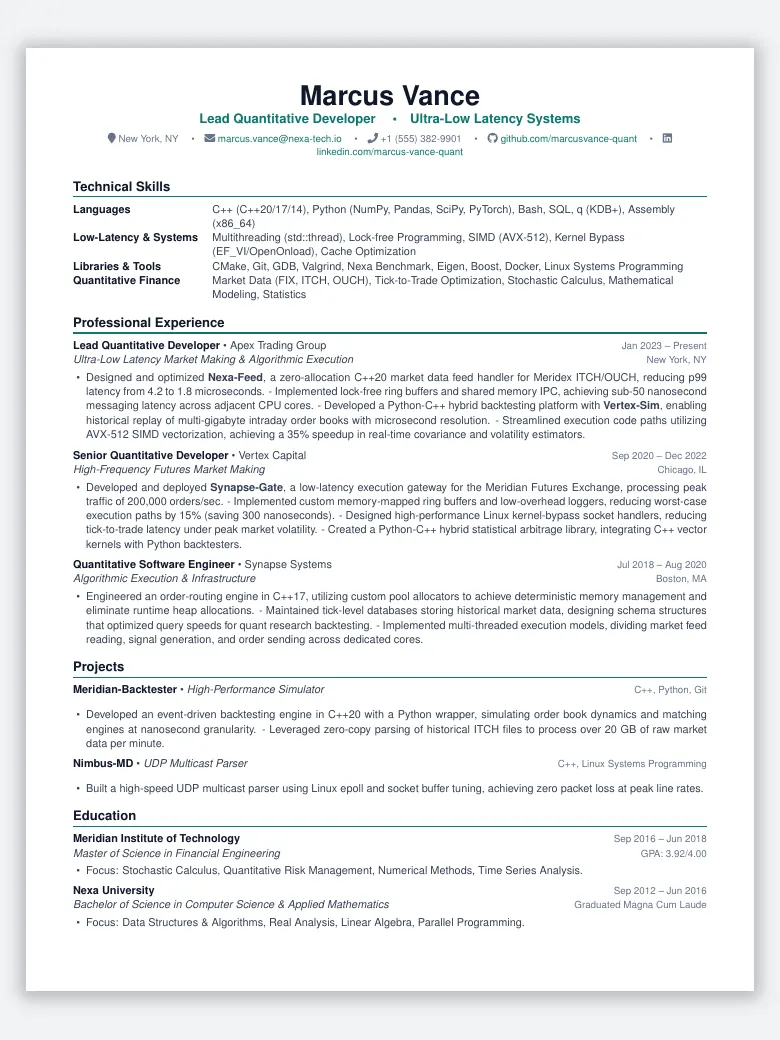 Quantitative Developer Resume preview