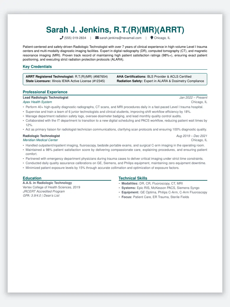 Radiologic Technologist Resume preview
