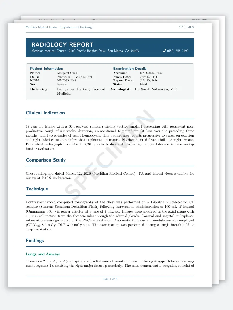 Radiology Report LaTeX template, first page preview