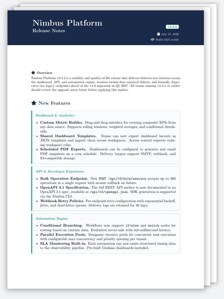 Software Release Notes LaTeX template, first page preview