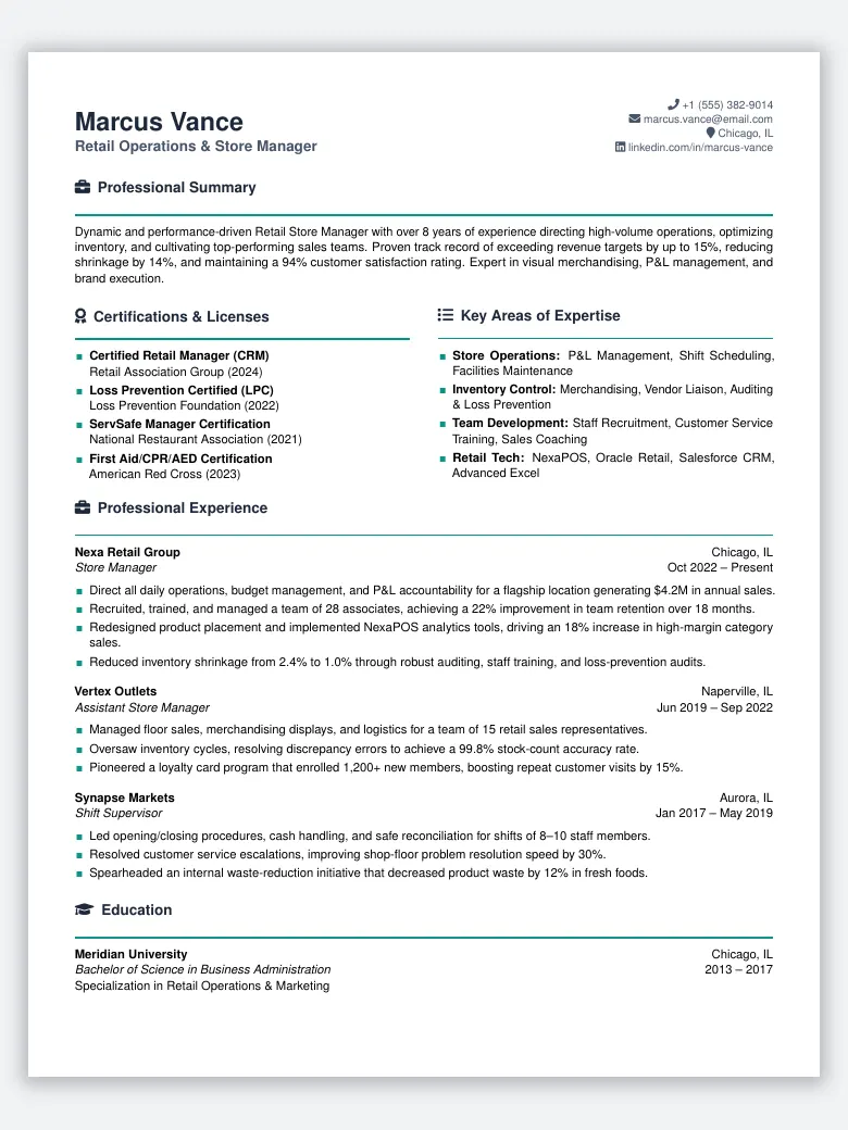 Retail Manager Resume preview