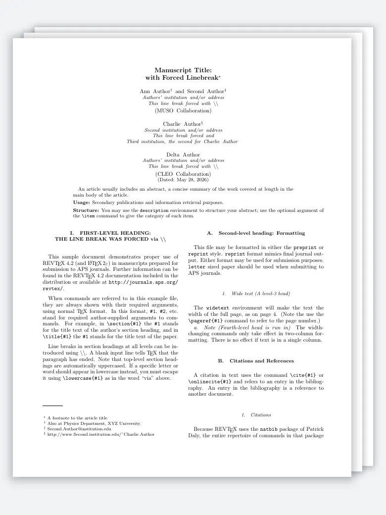 RevTeX APS Article LaTeX template, first page preview