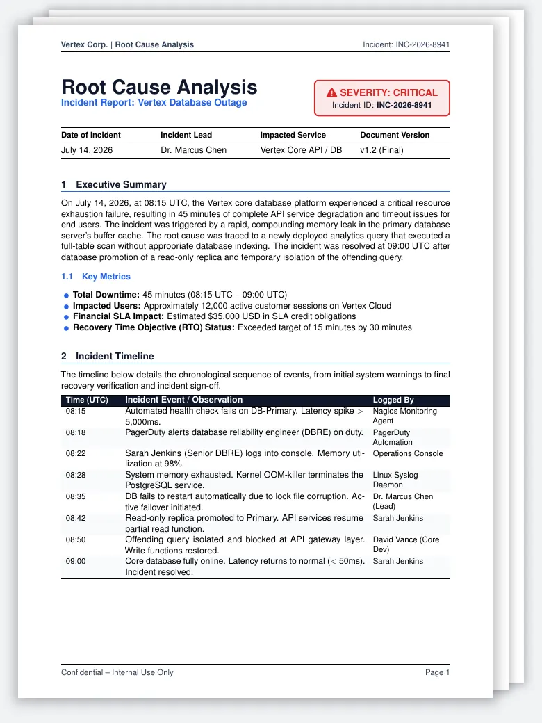 Root Cause Analysis Report LaTeX template, first page preview