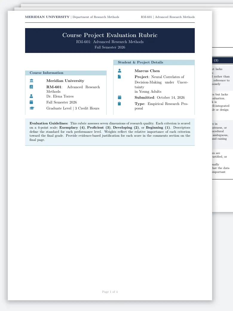 Grading Rubric LaTeX template, first page preview