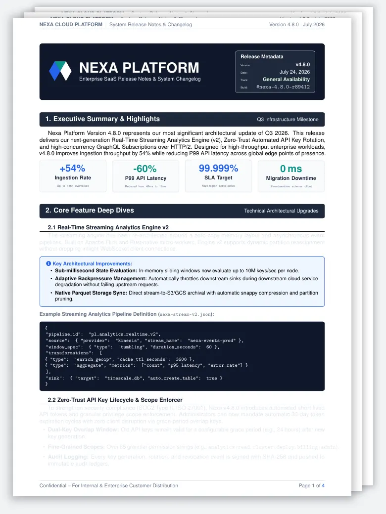 SaaS Product Release Notes & Changelog LaTeX template, first page preview
