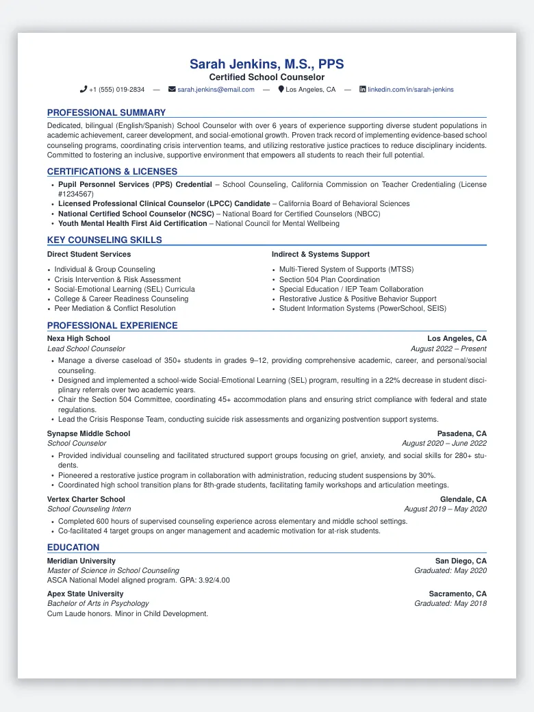 School Counselor Resume preview