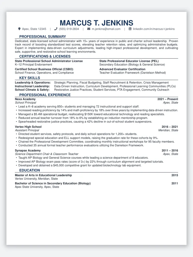 School Principal Resume preview