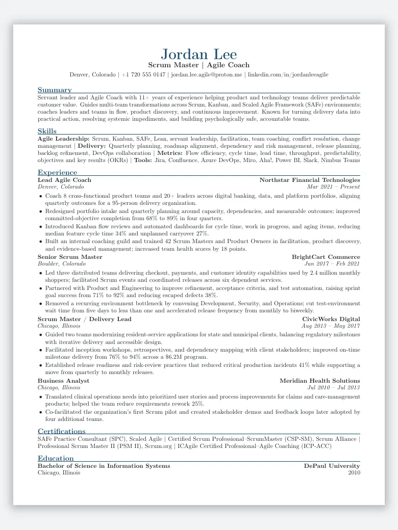 Scrum Master & Agile Coach Resume preview