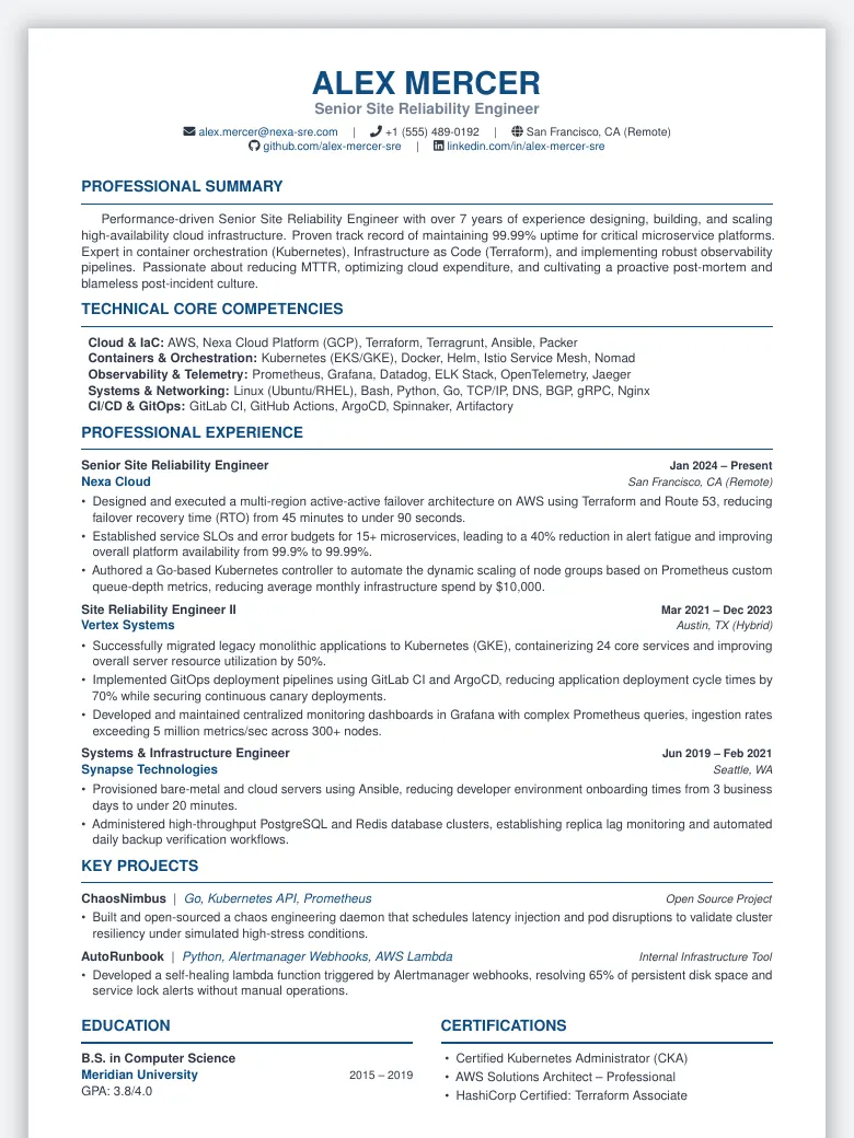 Site Reliability Engineer (SRE) Resume preview