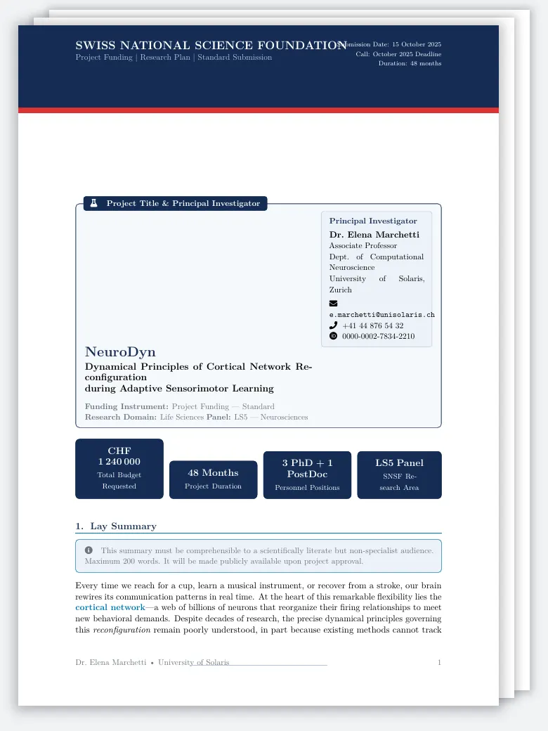 SNSF Grant Proposal LaTeX template, first page preview