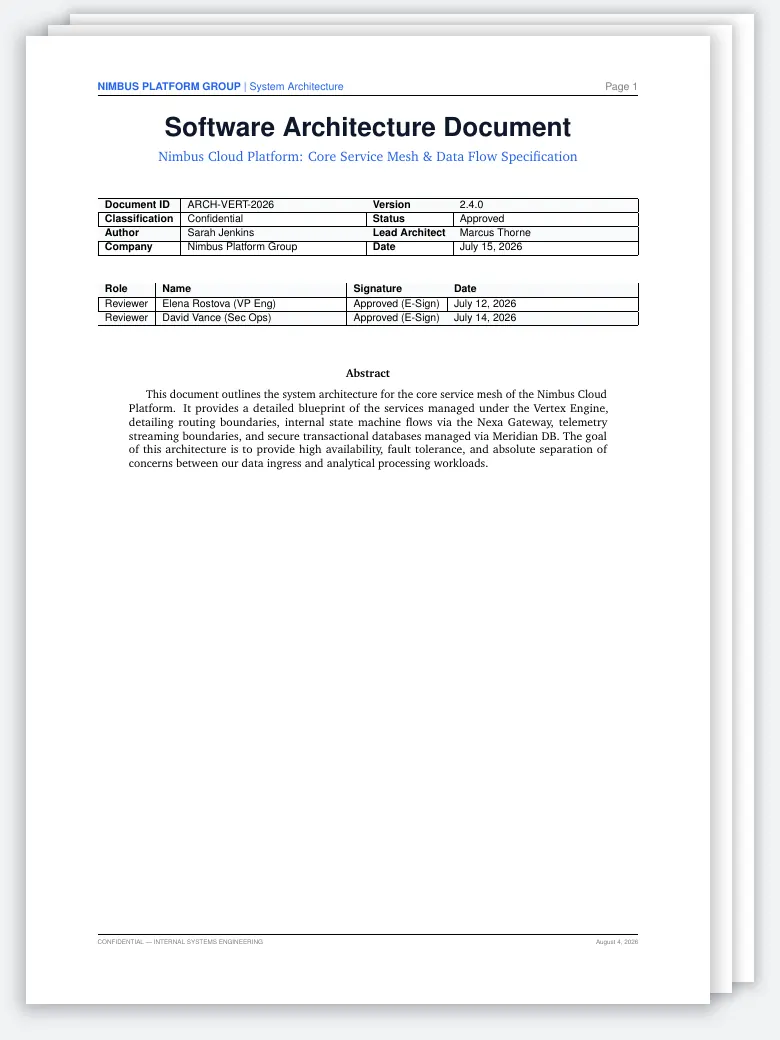 Software Architecture Document LaTeX template, first page preview
