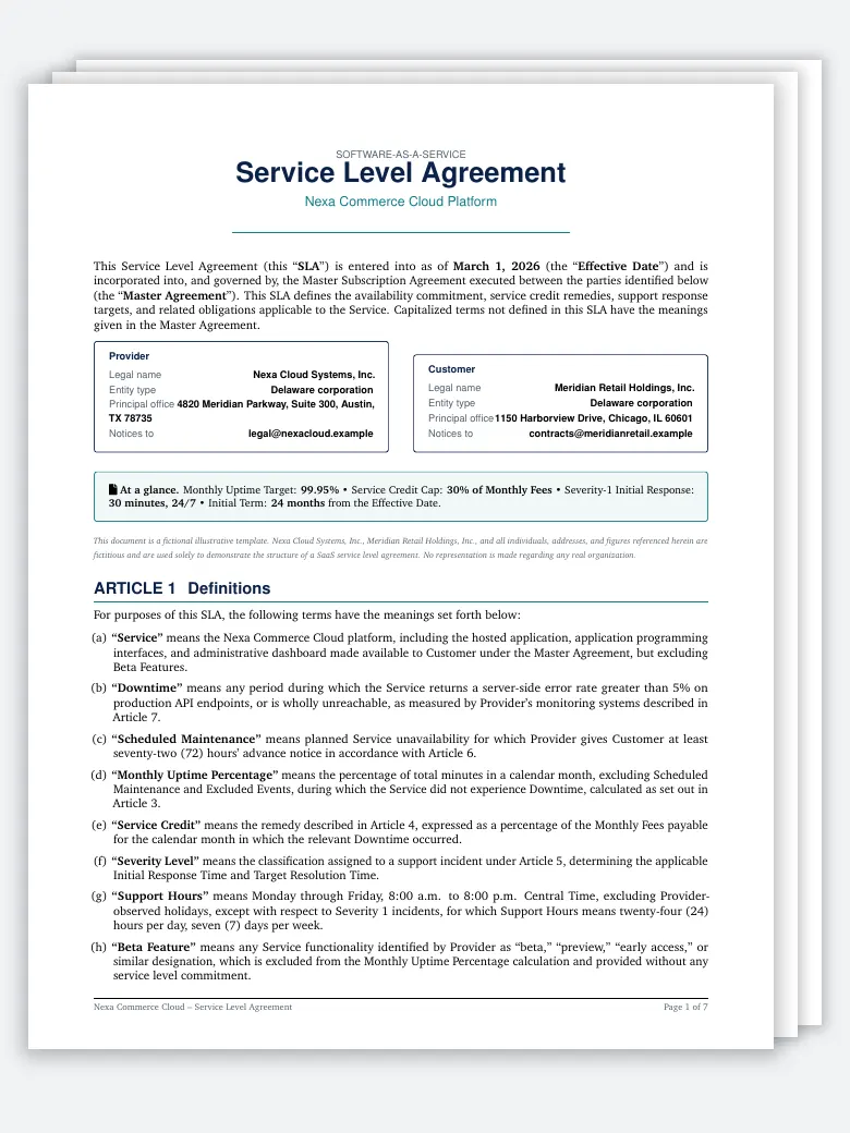Software SaaS Service Level Agreement (SLA) preview