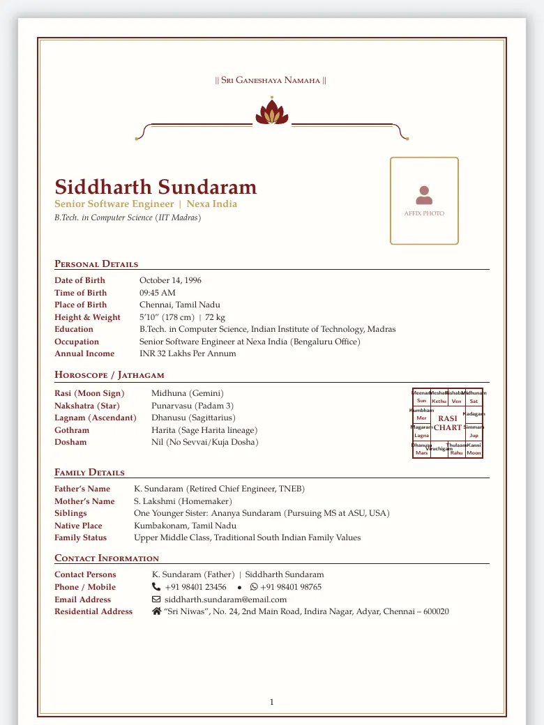 South Indian Marriage Biodata preview