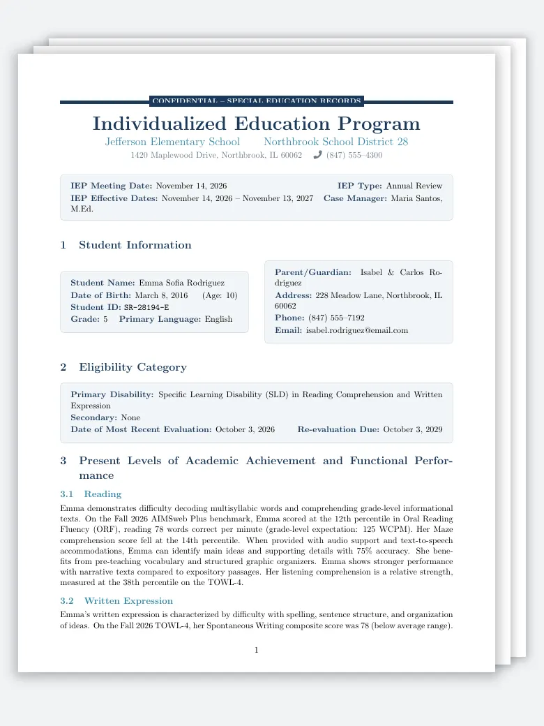 Individualized Education Program (IEP) LaTeX template, first page preview