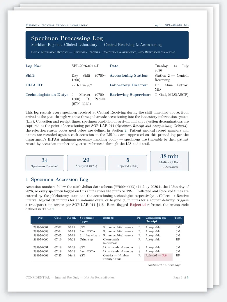 Clinical Specimen Processing Log preview