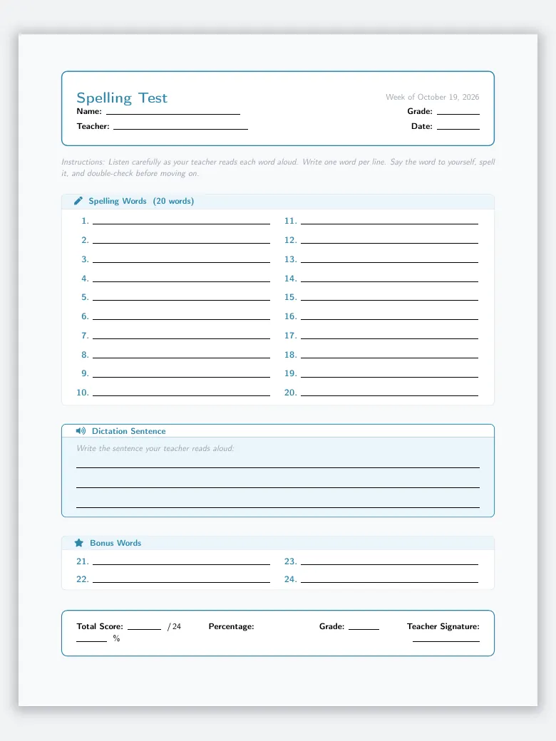 Spelling Test Template preview