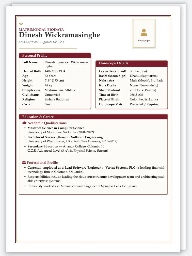 Sri Lankan Marriage Biodata preview