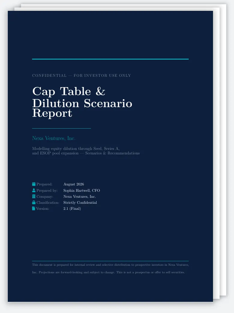 Startup Cap Table & Dilution Scenario Report preview