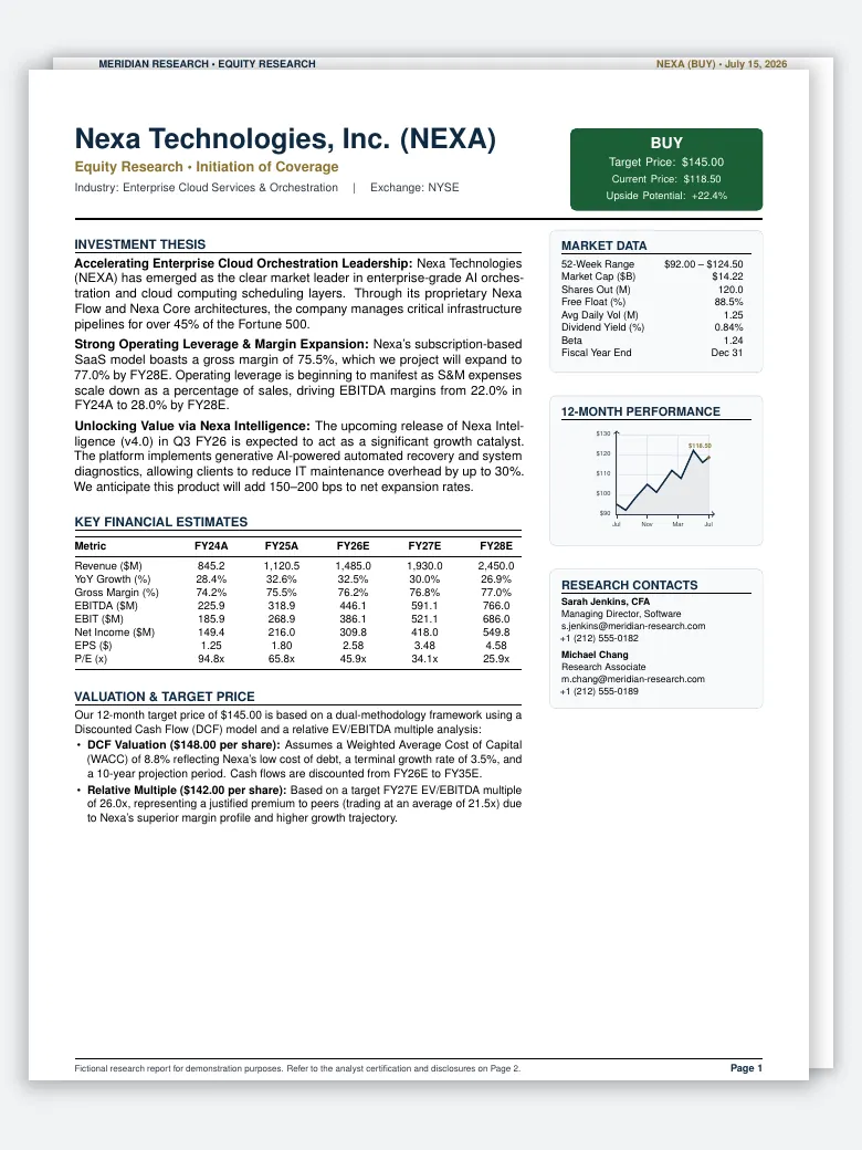 Stock Equity Research Report LaTeX template, first page preview