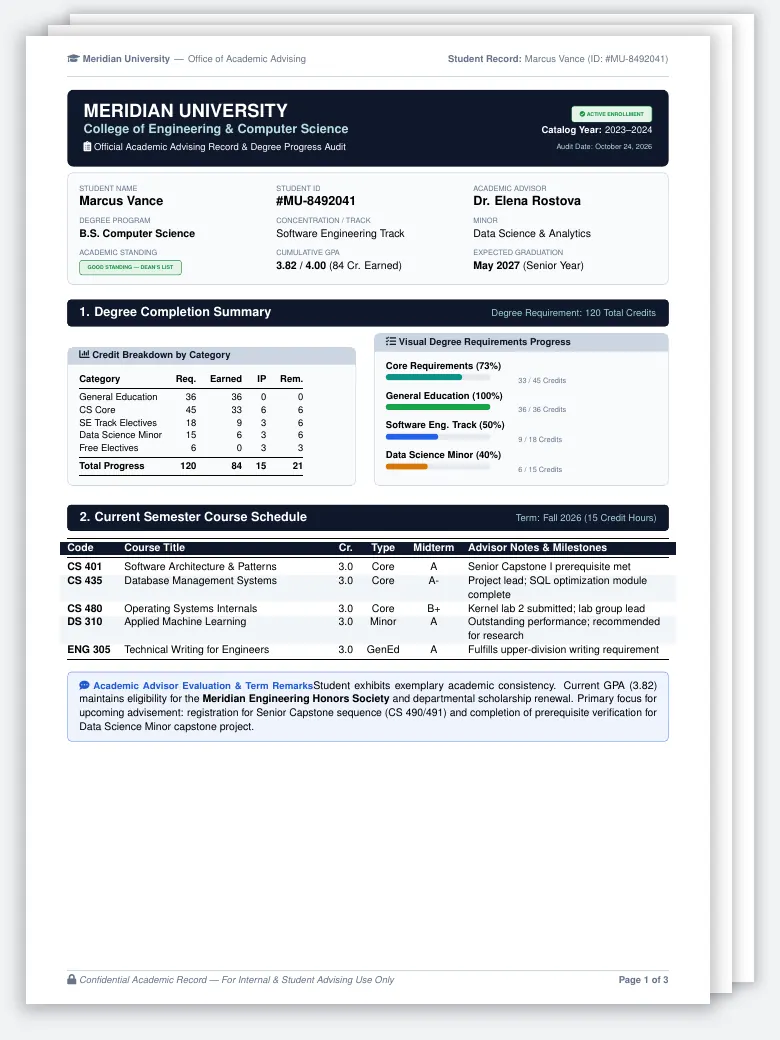 Student Academic Advising Record LaTeX template, first page preview
