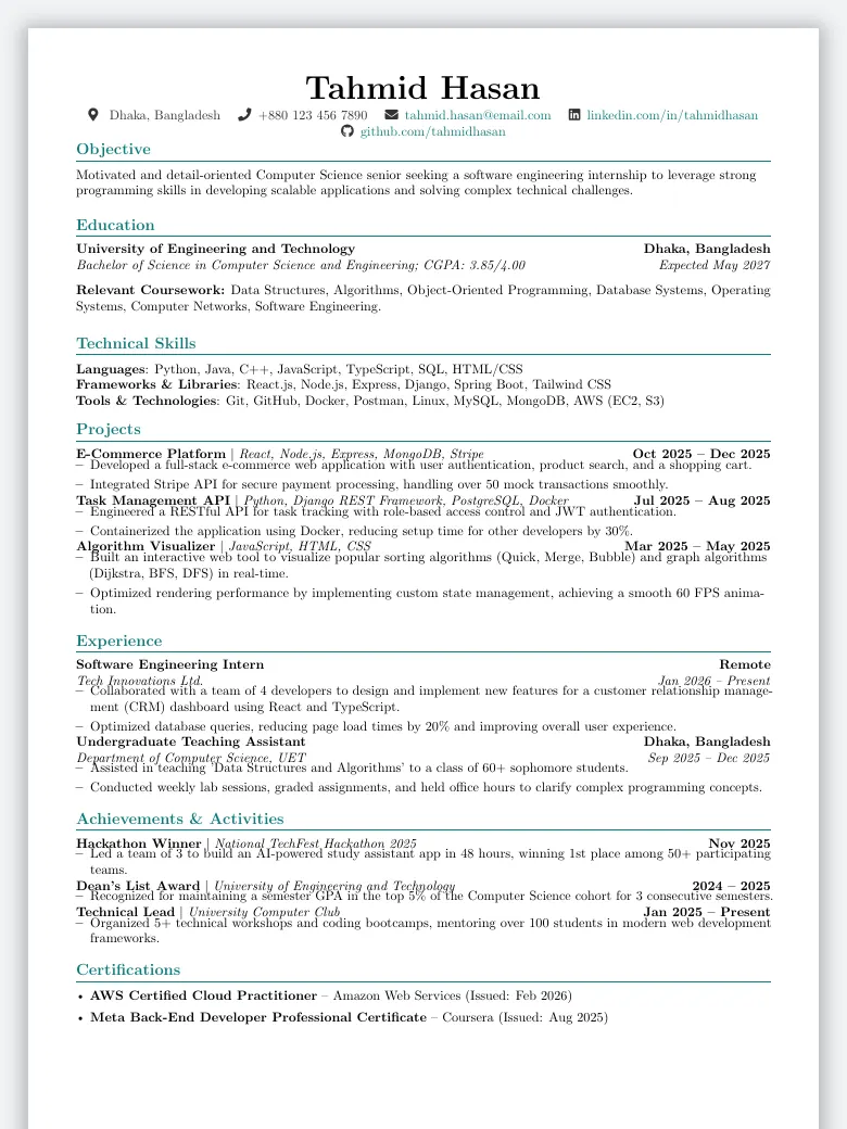 Student / Fresher Resume preview