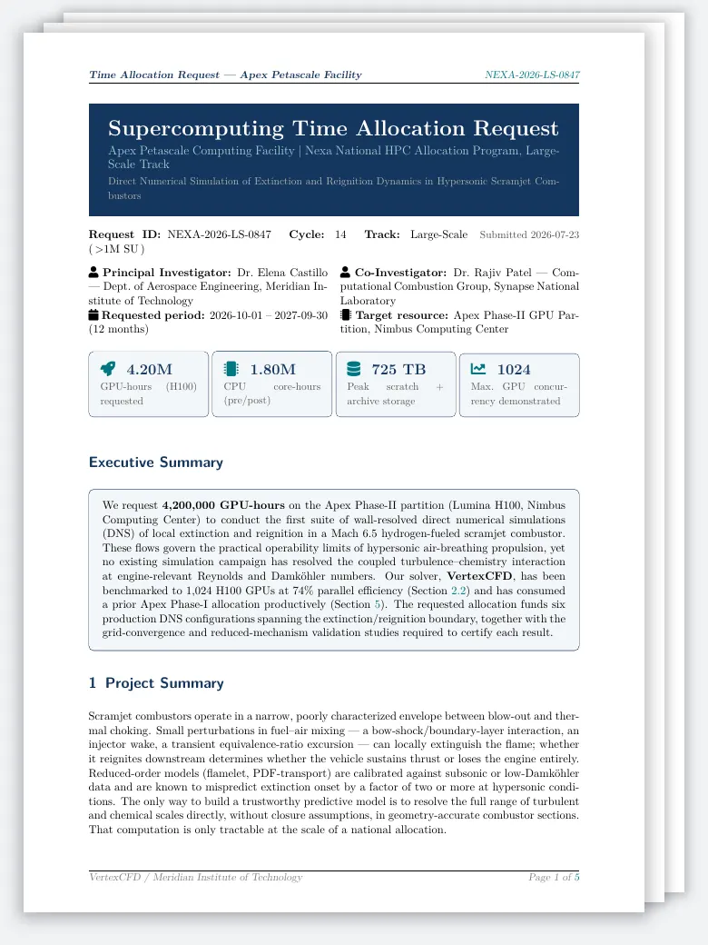 Supercomputing Time Allocation Request LaTeX template, first page preview
