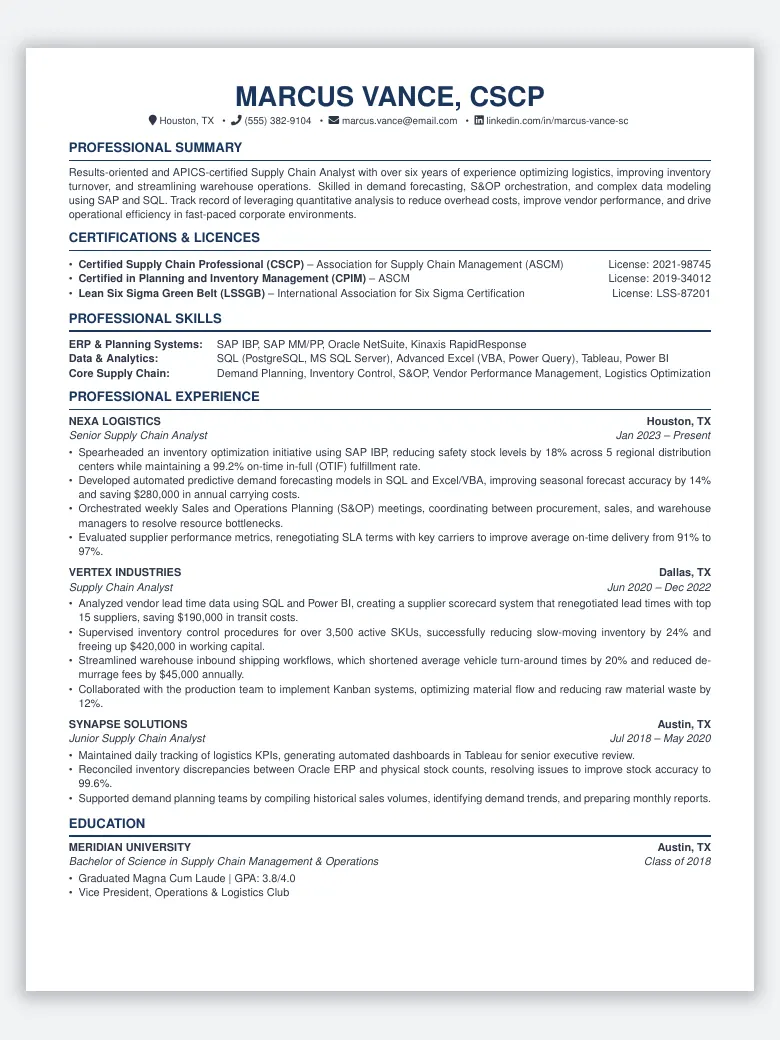 Supply Chain Analyst Resume preview