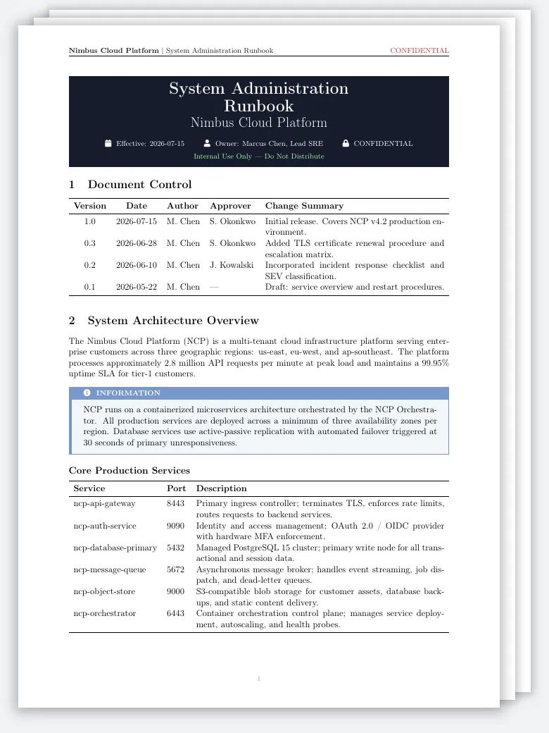System Administration Runbook LaTeX template, first page preview