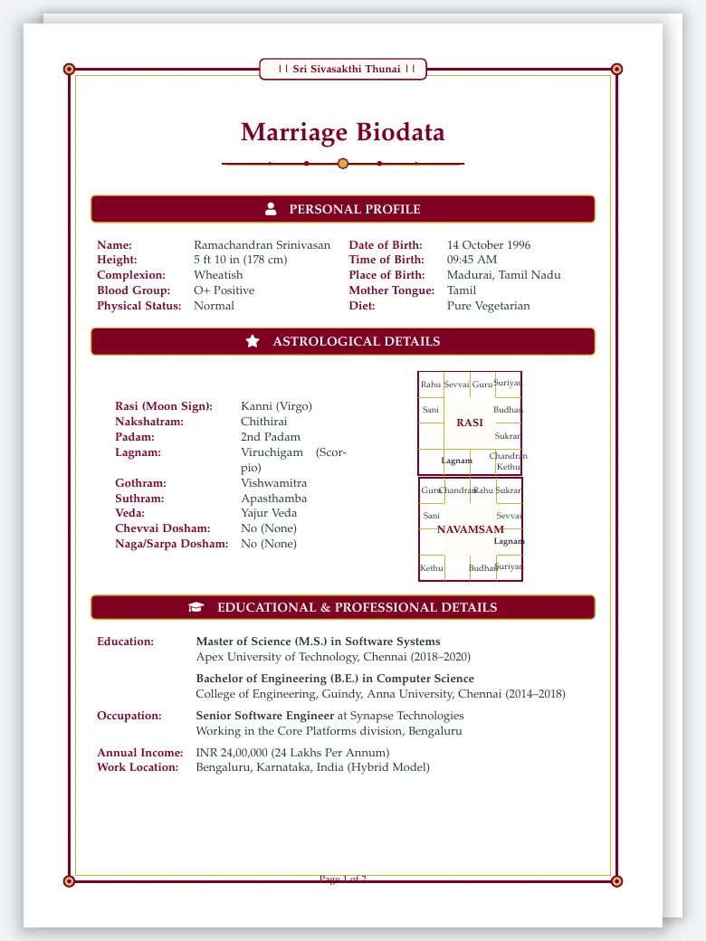 Tamil Marriage Biodata preview