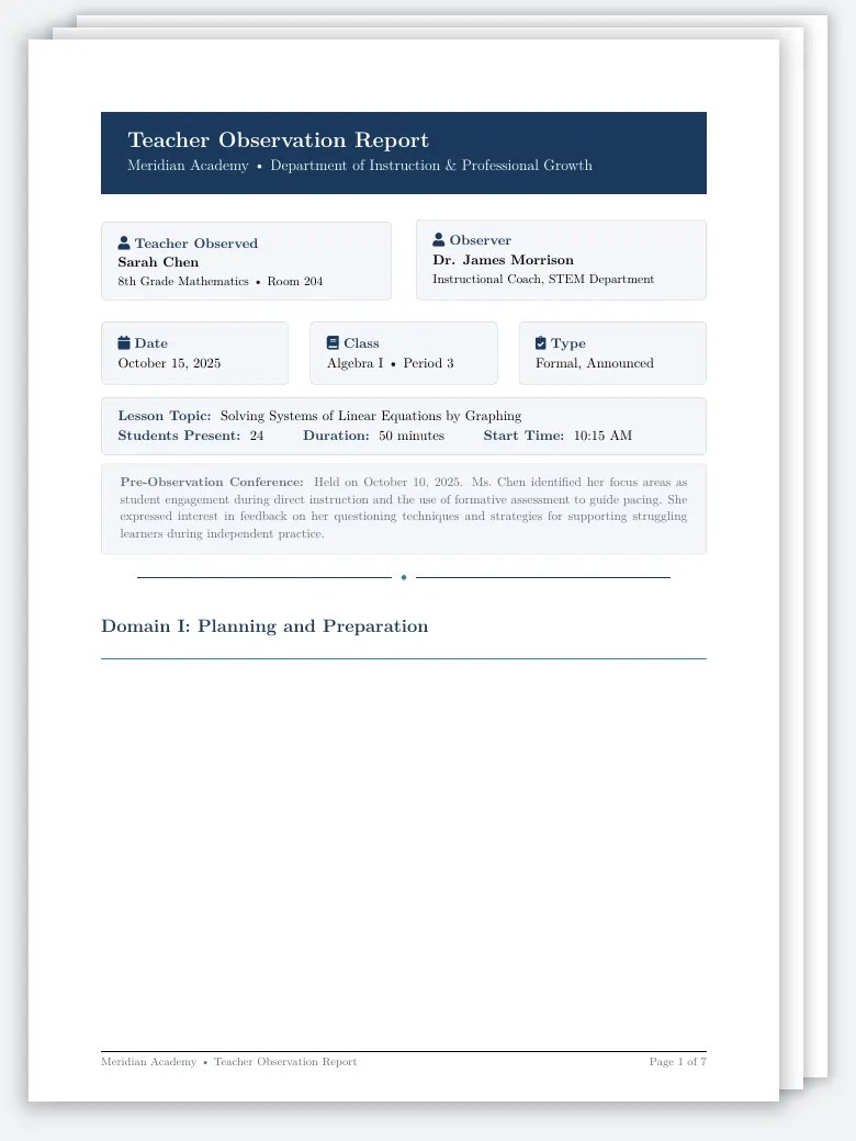 Teacher Observation Report LaTeX template, first page preview