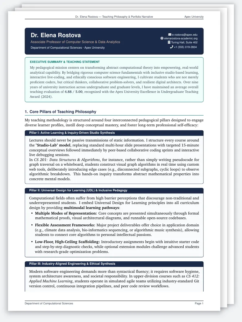 Teaching Philosophy & Portfolio Narrative LaTeX template, first page preview