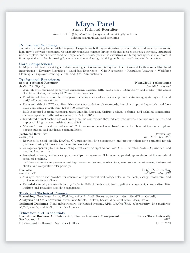 Technical Recruiter Resume preview
