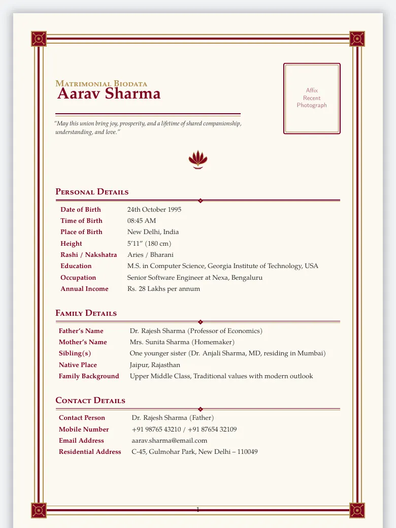 Traditional Marriage Biodata preview