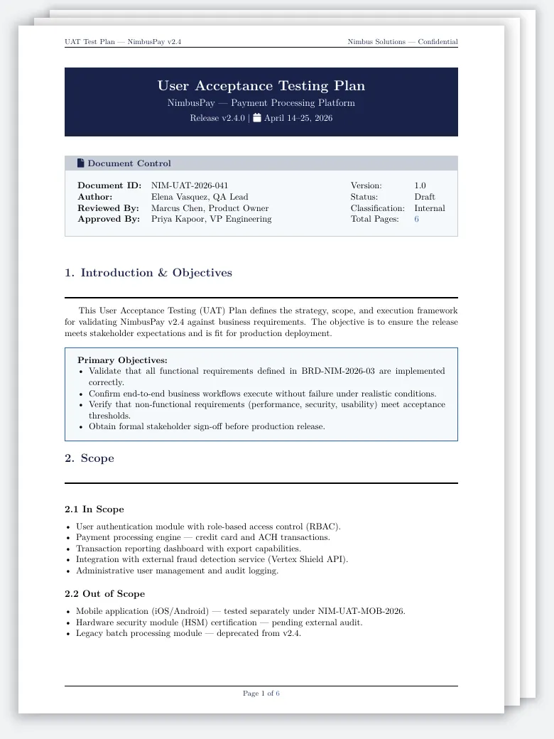 User Acceptance Testing (UAT) Plan LaTeX template, first page preview