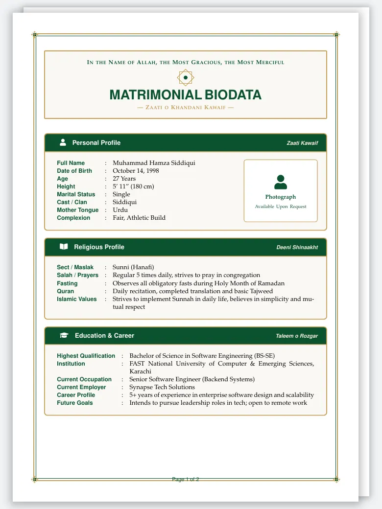 Urdu Matrimonial Biodata preview