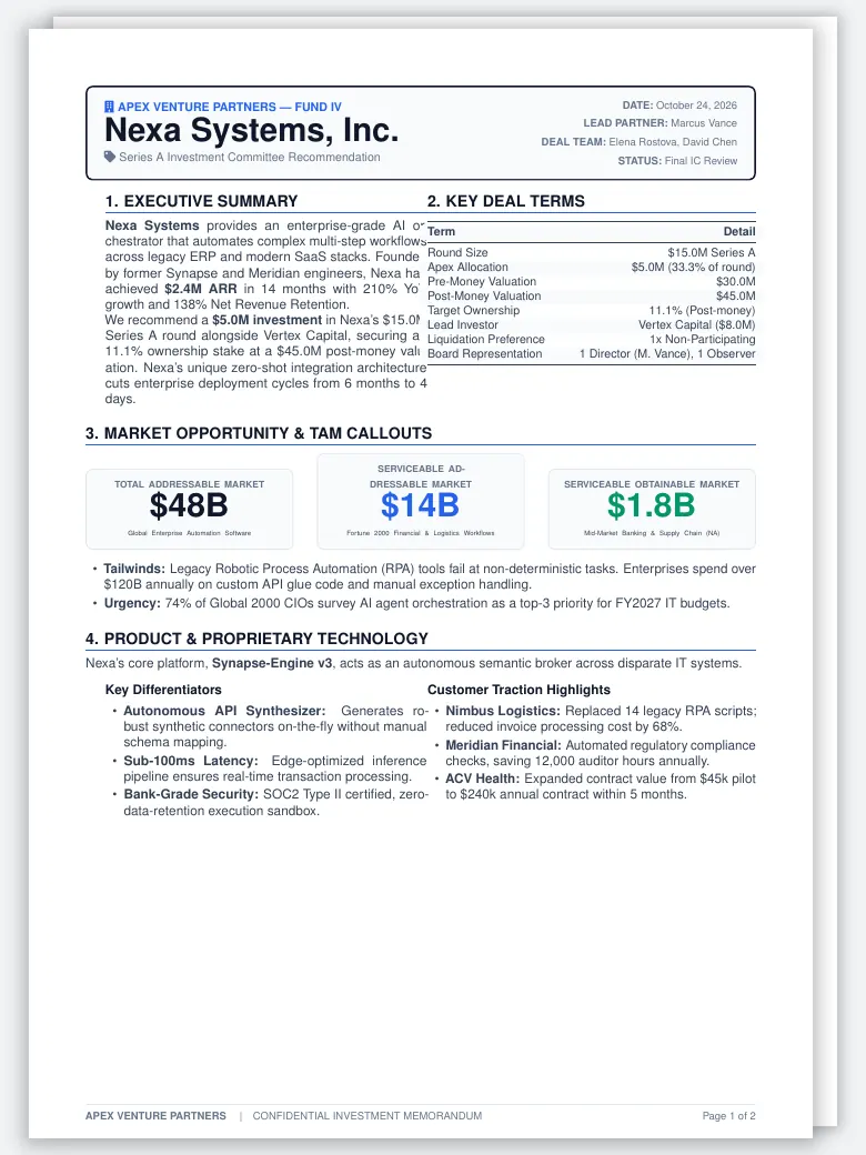 Venture Capital Investment Memo LaTeX template, first page preview