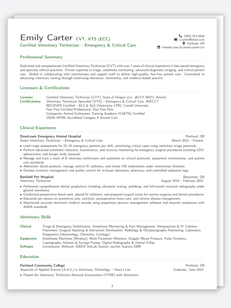 Veterinary Technician Resume preview