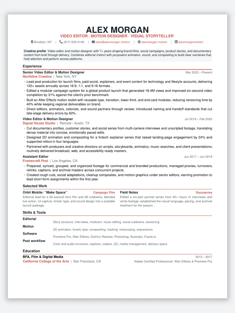 Video Editor & Motion Designer Resume preview